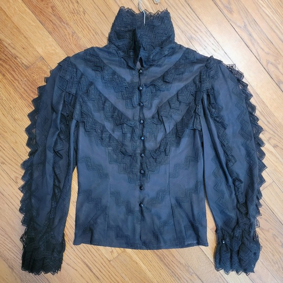 Chloé Vintage Black Lace‎ Blouse XS Sheer Ruffle Victorian Romantic - Picture 4 of 9
